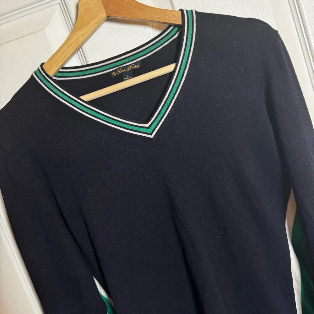 Brooks Brothers Navy Green V-Neck Sweater Pullover Athletic Stripe Size Large - Picture 10 of 11